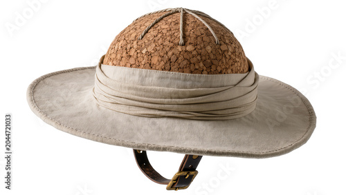 Schilderij op canvas Cork pith helmet with fabric band and leather chin strap