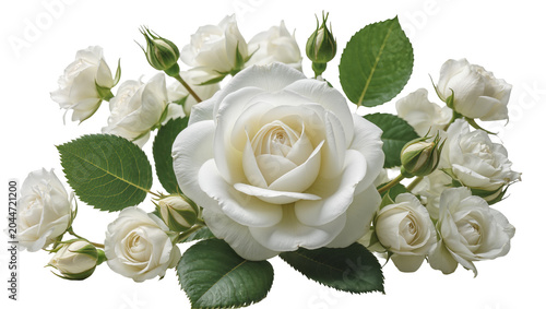White roses and buds arrangement with green leaves