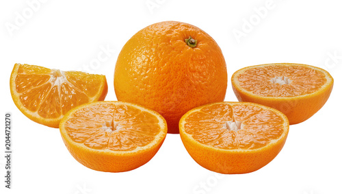 Whole and halved oranges with visible pulp and segments
