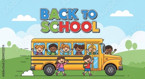 back to school cartoon kids on bus