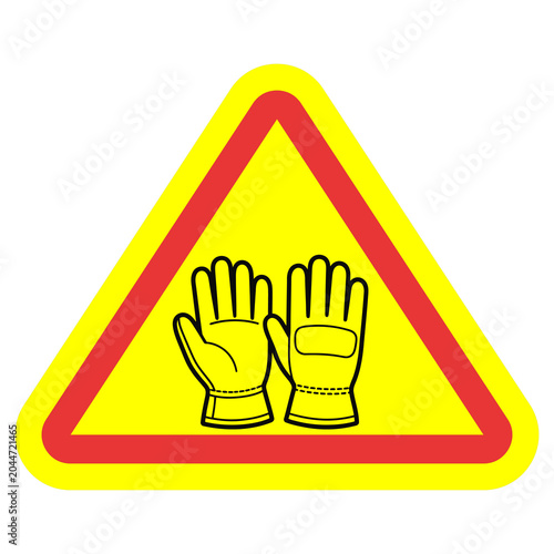 Safety sign warning of mandatory protective gloves usage in industrial environments.