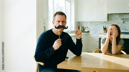 Man wearing fake mustache telling funny dad jokes to laughing daughter