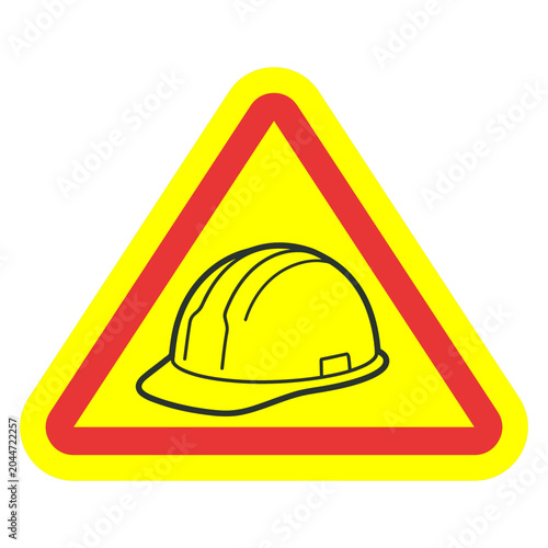 Yellow Construction Safety Helmet Icon in a Triangular Warning Sign Frame.