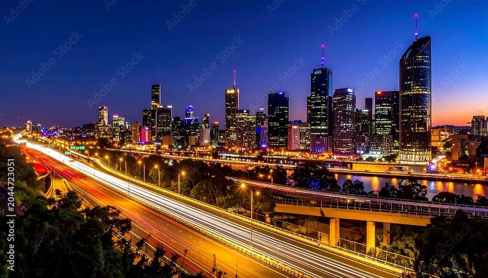 Fototapeta premium Vibrant Urban Skyline Glowing at Dusk Above Busy Highway Traffic