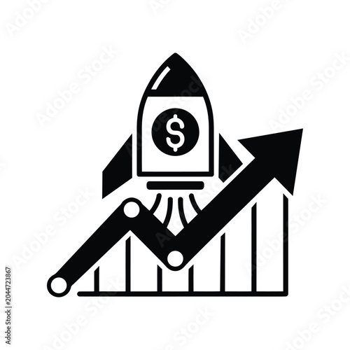Black icon of a rocket with dollar sign and growing graph