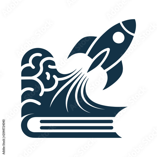 Dark green rocket launching from book