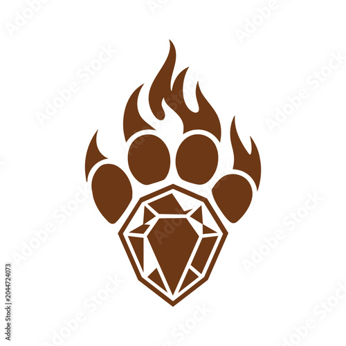 Brown bear paw print with flame and gemstone