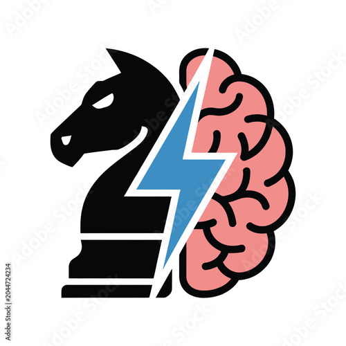 Chess knight with brain and lightning bolt