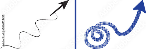 Comparison of two arrow paths with wavy and spiral lines for business strategy and growth vector illustration