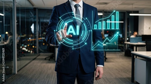 Businessman Interacting with Futuristic AI Interface and Financial Growth Charts.