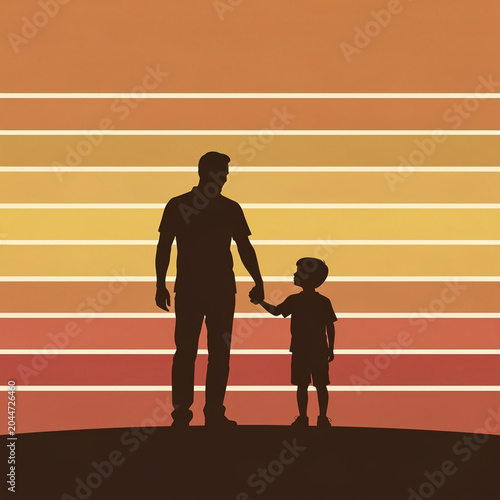 A father's stylized silhouette is shown in a relaxed but powerful pose carrying a child on shoulders, both laughing. From behind them, a massive watercolor explosion 