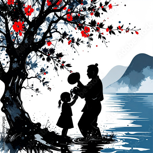 A father's stylized silhouette is shown in a relaxed but powerful pose carrying a child on shoulders, both laughing. From behind them, a massive watercolor explosion 