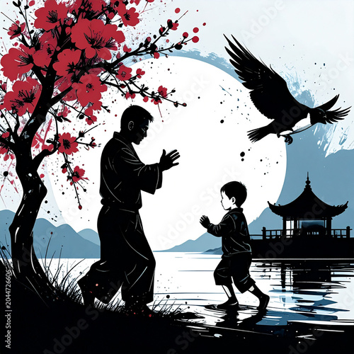 A father's stylized silhouette is shown in a relaxed but powerful pose carrying a child on shoulders, both laughing. From behind them, a massive watercolor explosion 