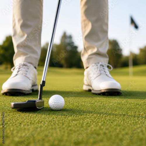 Golfer standing on the green with a putter and golf ball ready to take a shot on a sunny golf course