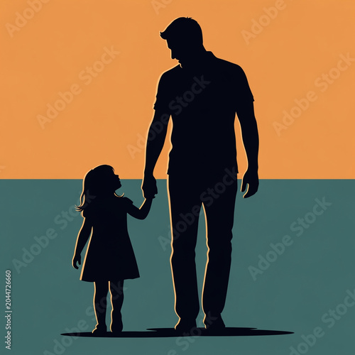 A father's stylized silhouette is shown in a relaxed but powerful pose carrying a child on shoulders, both laughing. From behind them, a massive watercolor explosion 