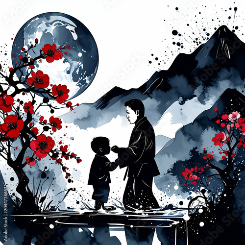 A father's stylized silhouette is shown in a relaxed but powerful pose carrying a child on shoulders, both laughing. From behind them, a massive watercolor explosion 