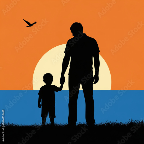 A father's stylized silhouette is shown in a relaxed but powerful pose carrying a child on shoulders, both laughing. From behind them, a massive watercolor explosion 