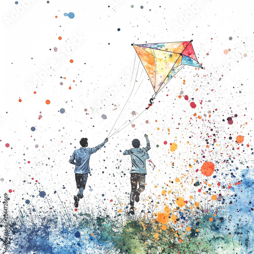 A father's stylized silhouette is shown in a relaxed but powerful pose carrying a child on shoulders, both laughing. From behind them, a massive watercolor explosion 