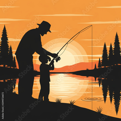 A father's stylized silhouette is shown in a relaxed but powerful pose carrying a child on shoulders, both laughing. From behind them, a massive watercolor explosion 