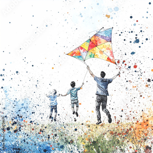 A father's stylized silhouette is shown in a relaxed but powerful pose carrying a child on shoulders, both laughing. From behind them, a massive watercolor explosion 