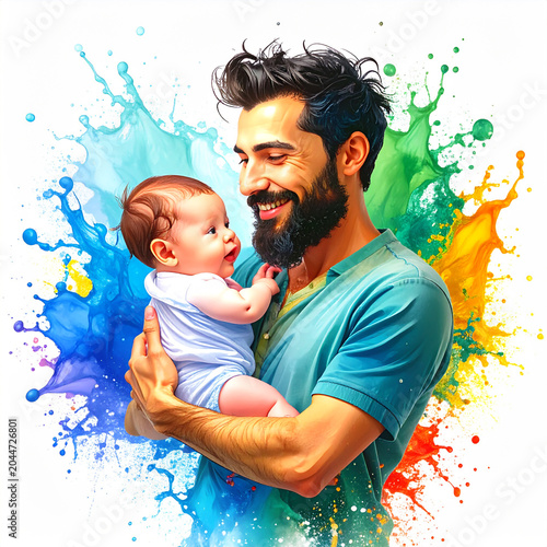 stylish minimalist vector illustration with a fine-line aesthetic. A simple line drawing of a father (bearded, casual shirt) holding a baby in a wrap carrier.