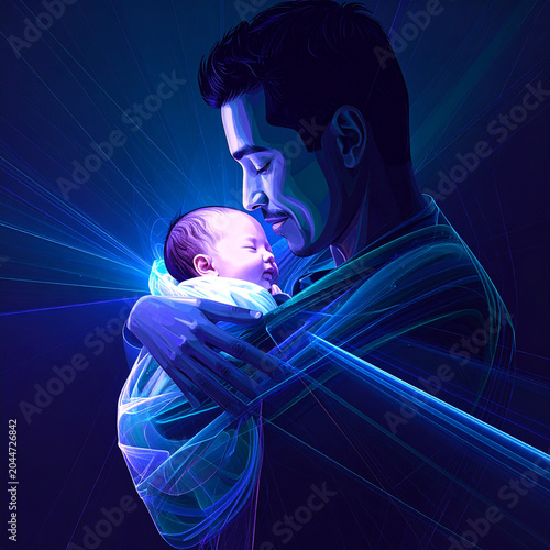 stylish minimalist vector illustration with a fine-line aesthetic. A simple line drawing of a father (bearded, casual shirt) holding a baby in a wrap carrier.
