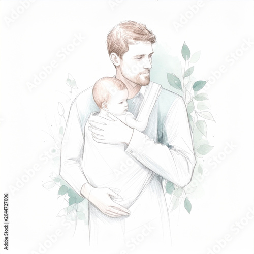 stylish minimalist vector illustration with a fine-line aesthetic. A simple line drawing of a father (bearded, casual shirt) holding a baby in a wrap carrier.