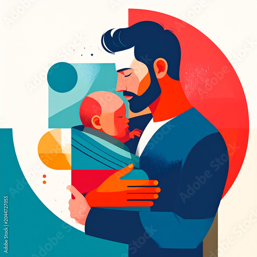 stylish minimalist vector illustration with a fine-line aesthetic. A simple line drawing of a father (bearded, casual shirt) holding a baby in a wrap carrier.