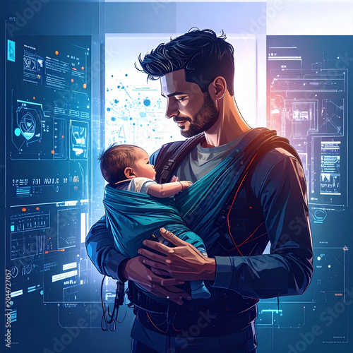 stylish minimalist vector illustration with a fine-line aesthetic. A simple line drawing of a father (bearded, casual shirt) holding a baby in a wrap carrier.