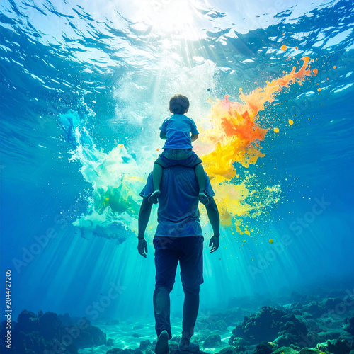 A father's stylized silhouette is shown in a relaxed but powerful pose carrying a child on shoulders, both laughing. From behind them, a massive watercolor explosion 