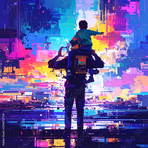 A father's stylized silhouette is shown in a relaxed but powerful pose carrying a child on shoulders, both laughing. From behind them, a massive watercolor explosion 