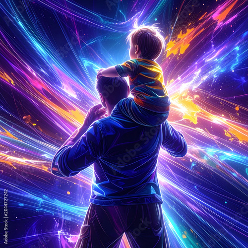 A father's stylized silhouette is shown in a relaxed but powerful pose carrying a child on shoulders, both laughing. From behind them, a massive watercolor explosion 