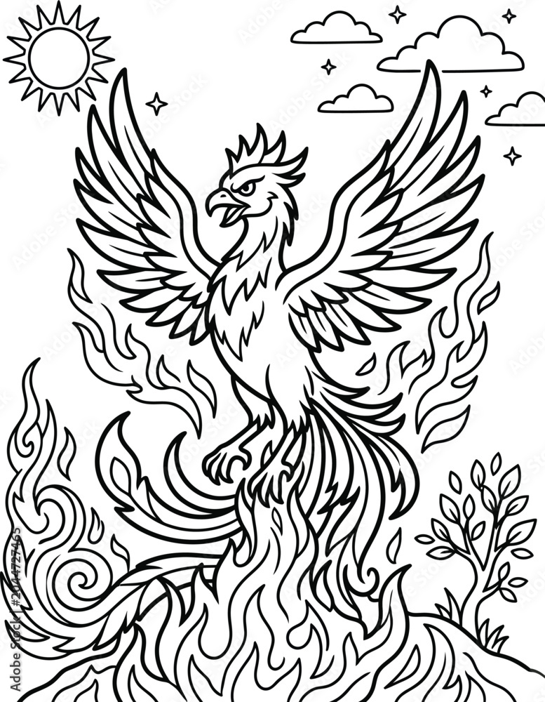 Fototapeta premium Detailed phoenix bird rising from fire flames. Perfect for fantasy lovers and advanced coloring book designs.