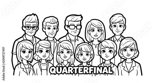 Diverse cartoon group illustration for quarterfinal event.