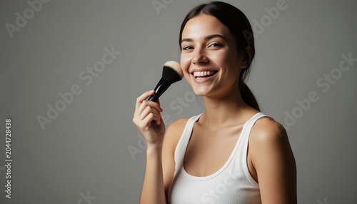輝く笑顔でメイクを楽しむ女性のポートレート