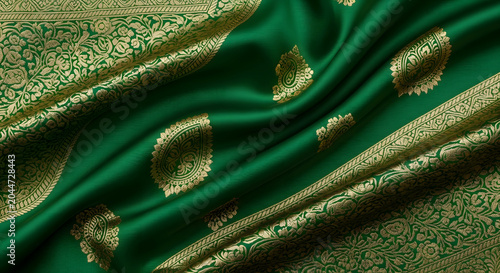 Close up of green silk fabric with intricate gold floral embroidery.