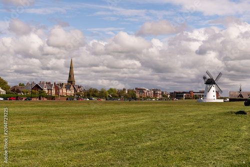 Lytham Saint Annes, United Kingdom - May 11th, 2023 - Skyline of the town of Lytham Saint Annes including the windmill at the waterfront.