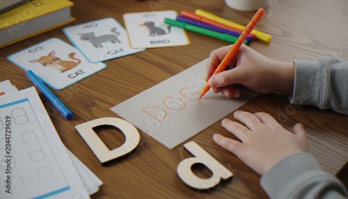 Fotografie A close-up of a child's hands writing the word DOG on a piece of paper surrounded by wooden letters, flashcards, and colorful markers, focusing on early childhood education and literacy
