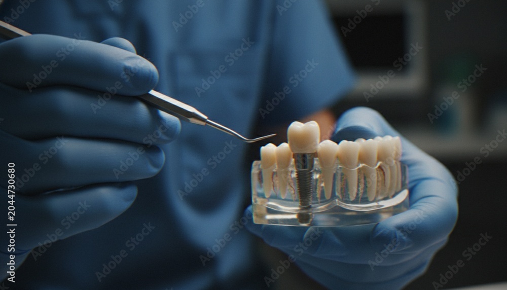 Fototapeta premium A dentist wearing blue gloves holding a transparent dental model showing a tooth implant, with a dental probe tool in the other hand.