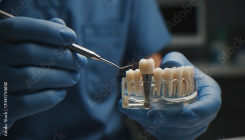 Canvastavla A dentist wearing blue gloves holding a transparent dental model showing a tooth implant, with a dental probe tool in the other hand