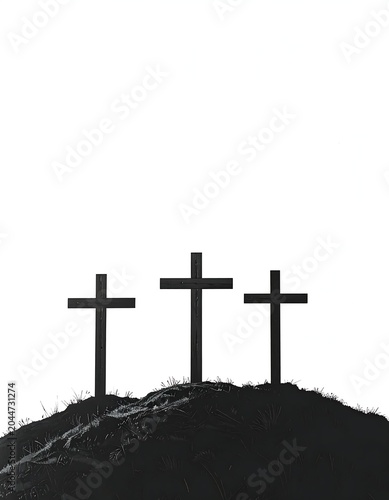 Three Dark Wooden Crosses Standing on Grassy Hill Silhouette Against Pale Sky