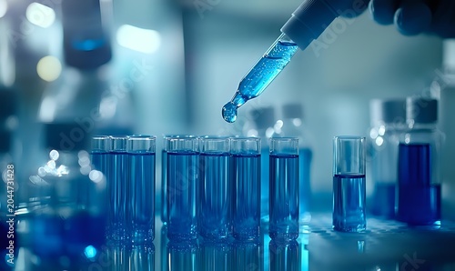Scientist in laboratory conducting chemical experiment with blue liquid in test tubes and pipette, research and development in medical or pharmaceutical testing environment.