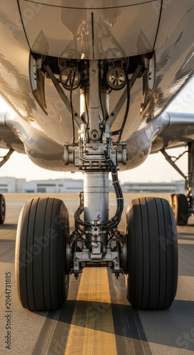 Detailed View of Aircraft Landing Gear on Runway.