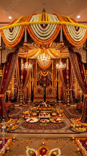 Grand Hindu wedding mandap decorated with orange and yellow flower garlands.