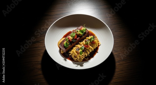 Gourmet Dish of Braised Pork Belly with Noodles and Garnish.