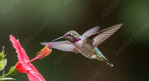 Hummingbird Feeding on a Vibrant Pink Flower in Natural Habitat.