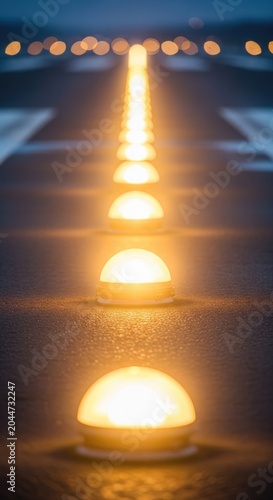 Illuminated Runway Lights Guiding Aircraft During Night Flight Operations.