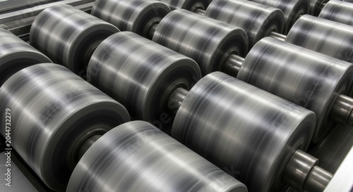 Industrial Metal Rollers in a Manufacturing Facility, Close-Up View.