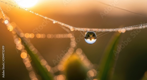 Morning Dew - Captivating Macro Shot of Water Droplets on Spiderweb.