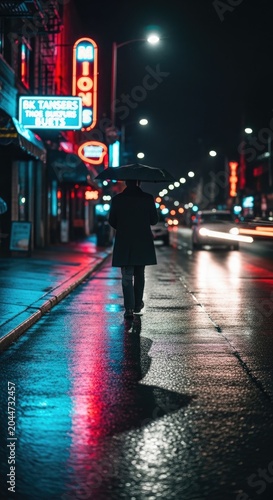 Nighttime Cityscape - A Person Walks Under Neon Lights in the Rain.